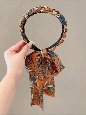 Patterned Orange Scarf Bow Headband for Women